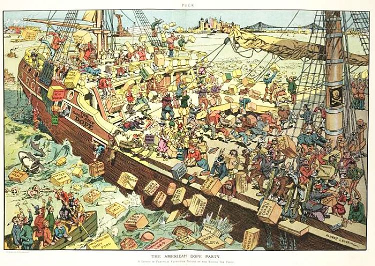 1906 Illustration shows many men dressed as Native Americans on board a ship labeled - The Good Ship Dope - throwing cartons of unhealthy food products over the sides, into the harbor.