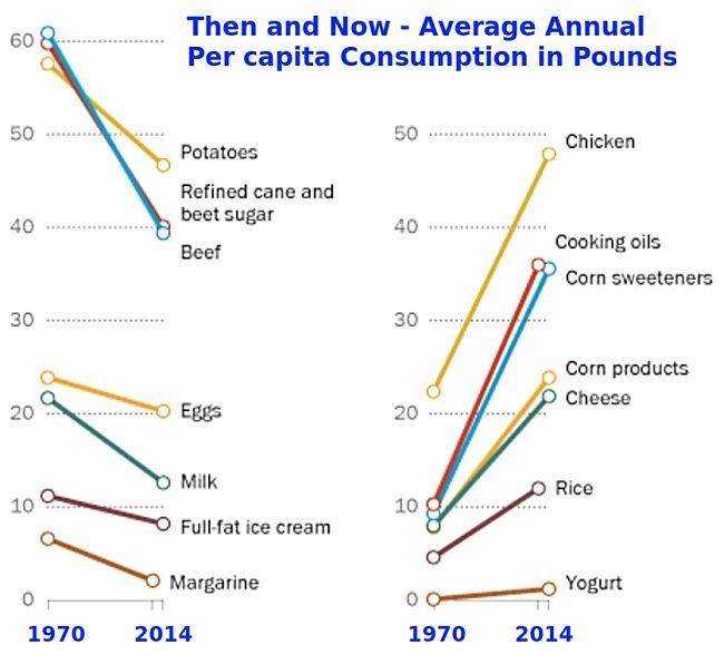 Changes in the average amounts of various foods in the diet of Americans from 1970 to 2014