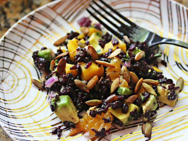 Fruity Black Rice Salad With Avocado, Coriander (Cilantro) and Pepitas in Chili-Orange Vinaigrette