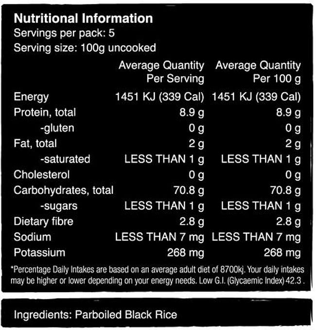 Forbidden rice nutritional facts for a serving of 100 g. Get more details in this article