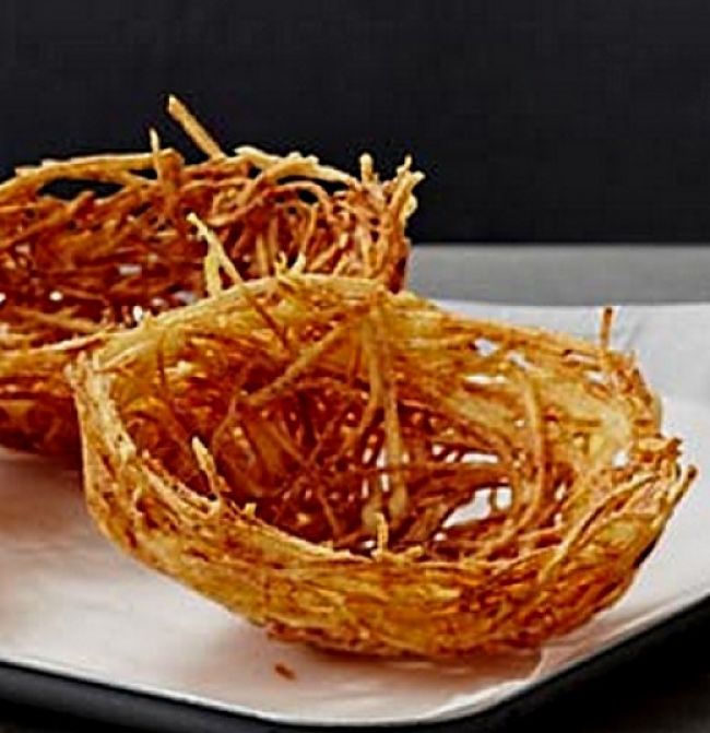 Chinese potato bird nests could be modified to be leak proof containers for many Asian take-away dishes, or serving dishes to replace the paper ones used now